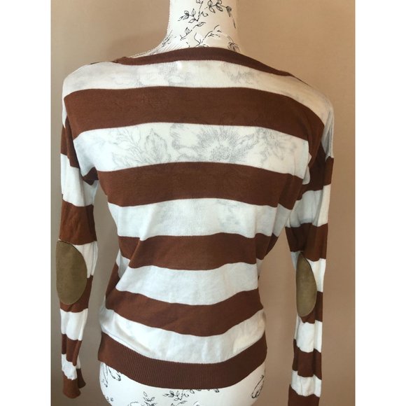 Women's Forever 21 Brown/White Striped Sweater w/Patchwork Elbows - Picture 2 of 3